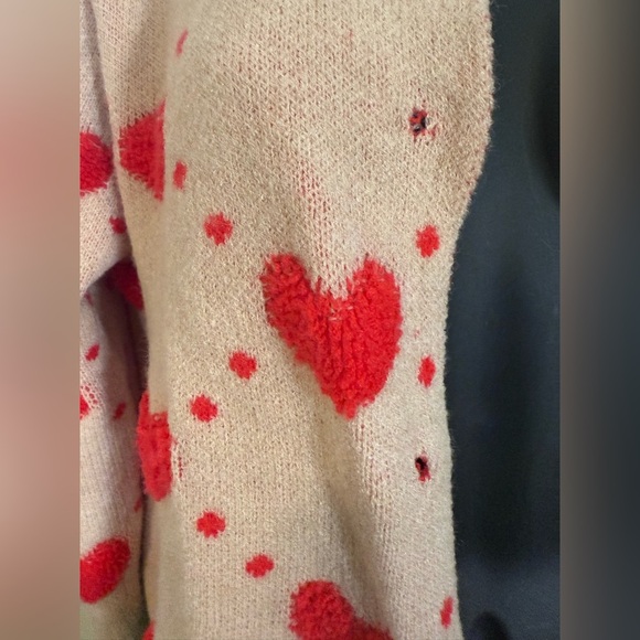 SHEIN Heart Patterned Cardigan Sweater Medium Tan Red Green Valentine's Day - Picture 2 of 9